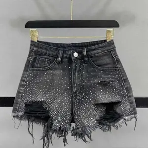 Ripped With Rhinestones Women's Denim Shorts XL Trend 2025 Streetwear Elegant  In Cheap Low Price Female Short Jeans Pants