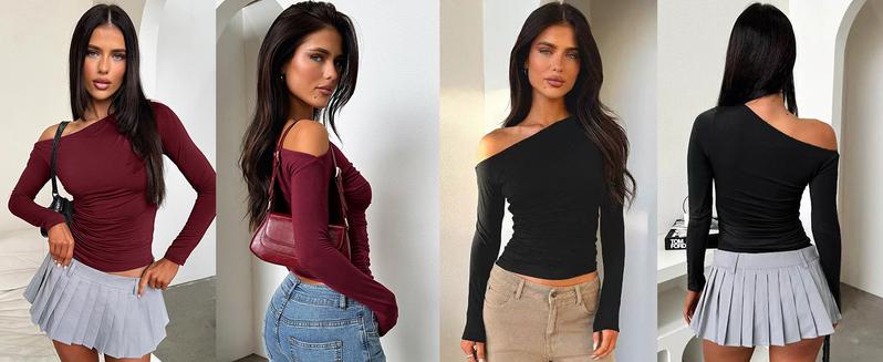 Womens One Off Shoulder Tops Long Sleeve Going Out Shirts 2025 Boat Neck Ribbed Slim Fit Blouse  Y2K Tight Shirts