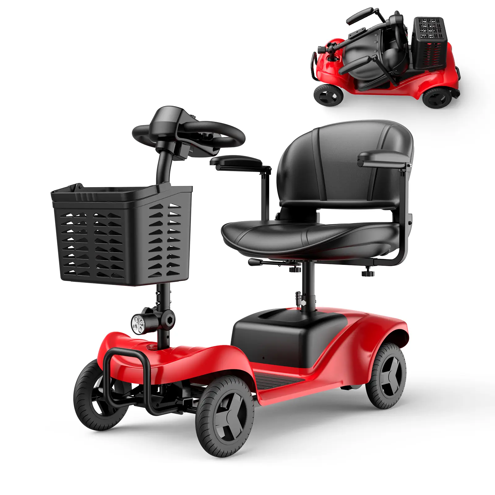 Seniors' Folding Commuter Scooter - 4-Wheel Foldable Medical Mobility Aid, 15 Mi Range, Dual Baskets, 300 lb Capacity, Compact Red Adult Mobility Device