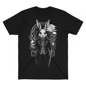 Men's Gothic Victorian Rabbit Graphic T-shirt - Dark Art Skull & Moon Grunge Aesthetic Cotton Tee