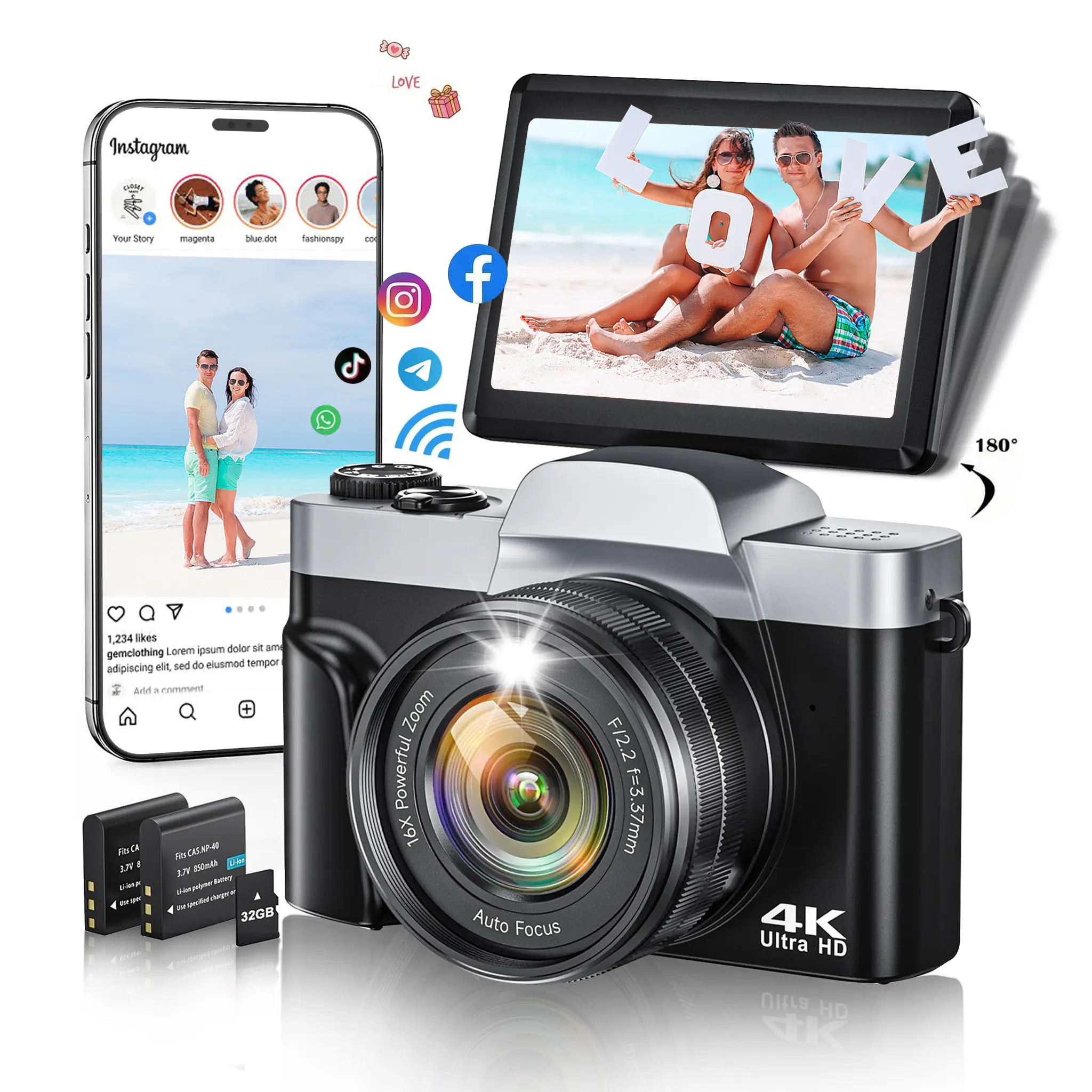 CAMKORY Selfie-Ready 4K Digital Camera | 180° Flip Screen, WiFi Autofocus Vlogging Camcorder, Compact Point and Shoot Travel Camera, Ideal Gift Choice for Kids, Teens & Adults, Portable Travel Camera, Foldable Vlogging Camera #Summerwins tiktokshopbacktos