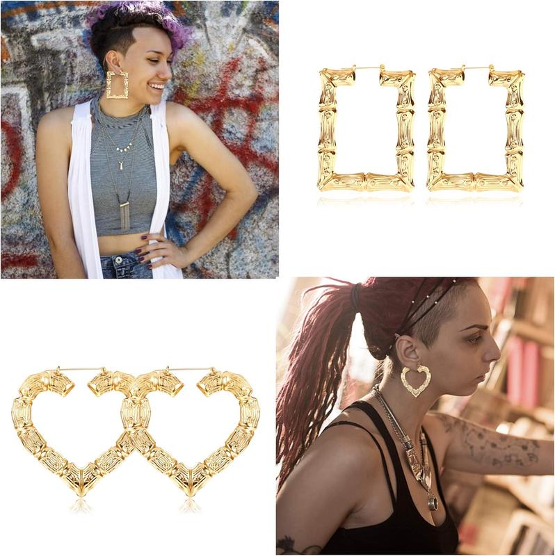 Jstyle 4 Pairs Bamboo Hoop Earrings for Women Large Heart Square Geometric Earrings Oversized Bamboo Hoop Earrings Set Hip-Pop Jewelry Fashion Party Costume Accessory Daily