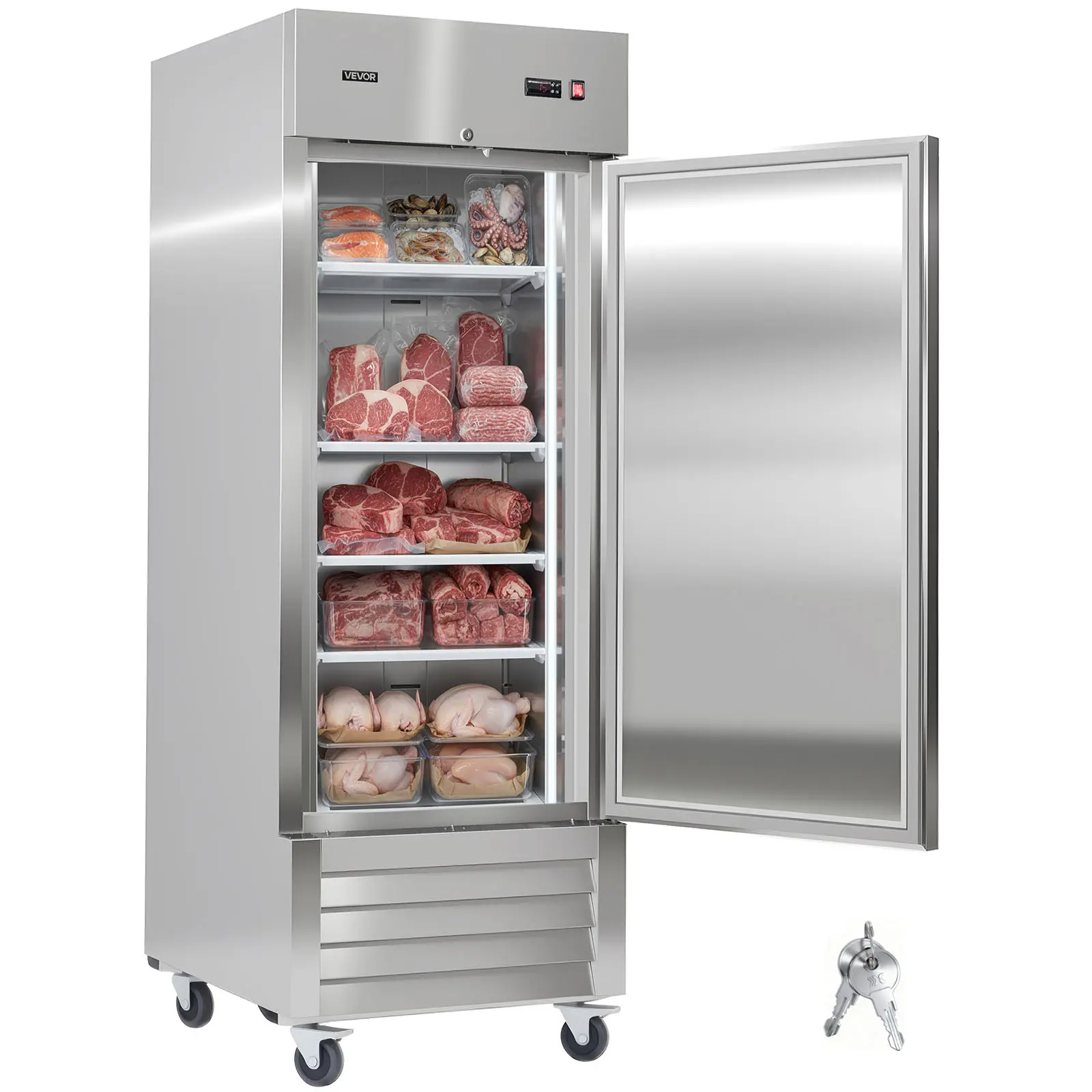 VEVOR Commercial Reach-In Stainless Steel Upright Freezer, 29" W 22 Cu.Ft Single Door for Commercial Users, Auto-Defrost, 4 Adjustable Shelves, -11 to 14℉ Temp Control, LED Lighting, ETL Certified