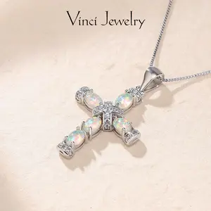 925 Sterling Silver Opal Cross Necklace for Christmas Birthday Gift, Synthetic Halo White Opal Pendant, Daily Wear Faithful Jewelry