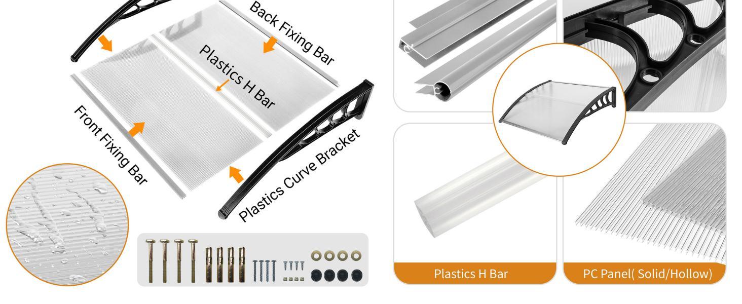 Ubesgoo Window Awning Door Canopy, Polycarbonate Cover Front Door Outdoor Patio Awning Canopy UV Rain Snow Sunlight Protection Hollow Sheet, Brown Board & White Bracket