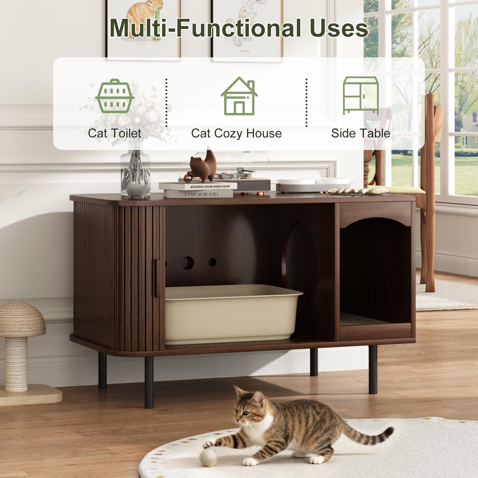 Fluted Hidden Cat Litter Box Enclosure – Modern Wood Furniture with Scratching Pad, Large Indoor Cat House Cabinet Side/End Table for Living Room & Entryway