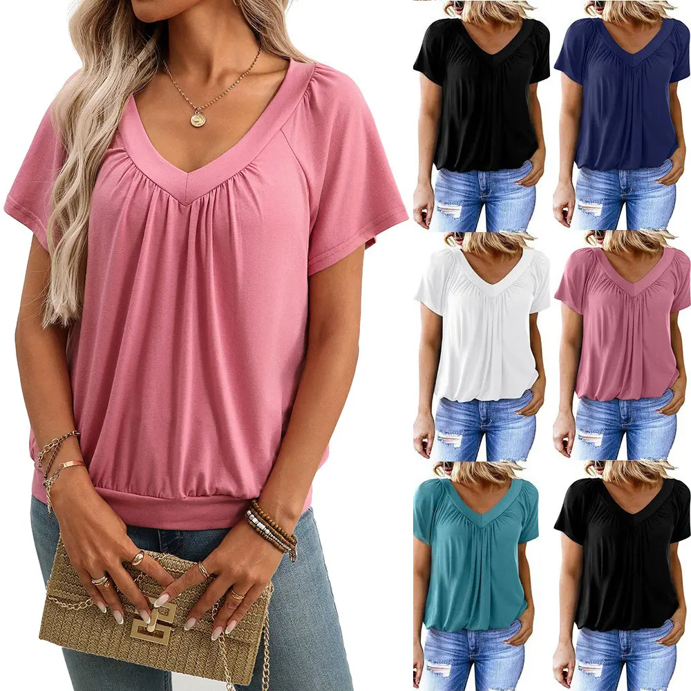 Women's V-Neck Short Sleeve T-Shirts Shirred Front Casual Summer Loose Fit Flowy Tunic Tops Blouses