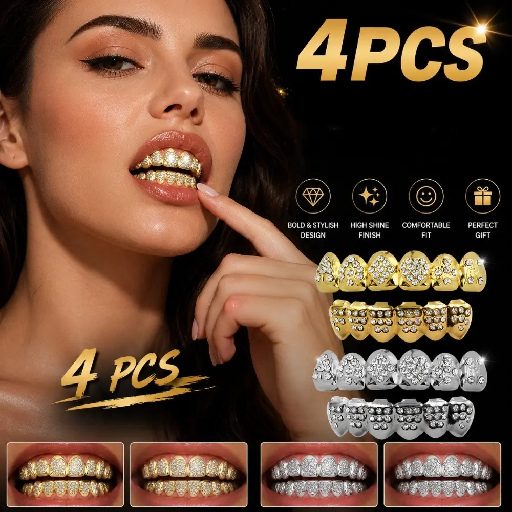 4Pcs Unisex Hip Hop Removable Grillz Set - Golden & Silvery Gothic Sparkle Cubic Zirconia Teeth Accessory for Rappers, Poker Night, Dance Performances Costume Jewelry, Fashion Accessories, Copper, Artificial Zircon, Teeth Caps, Styling, Party, Any Occasio