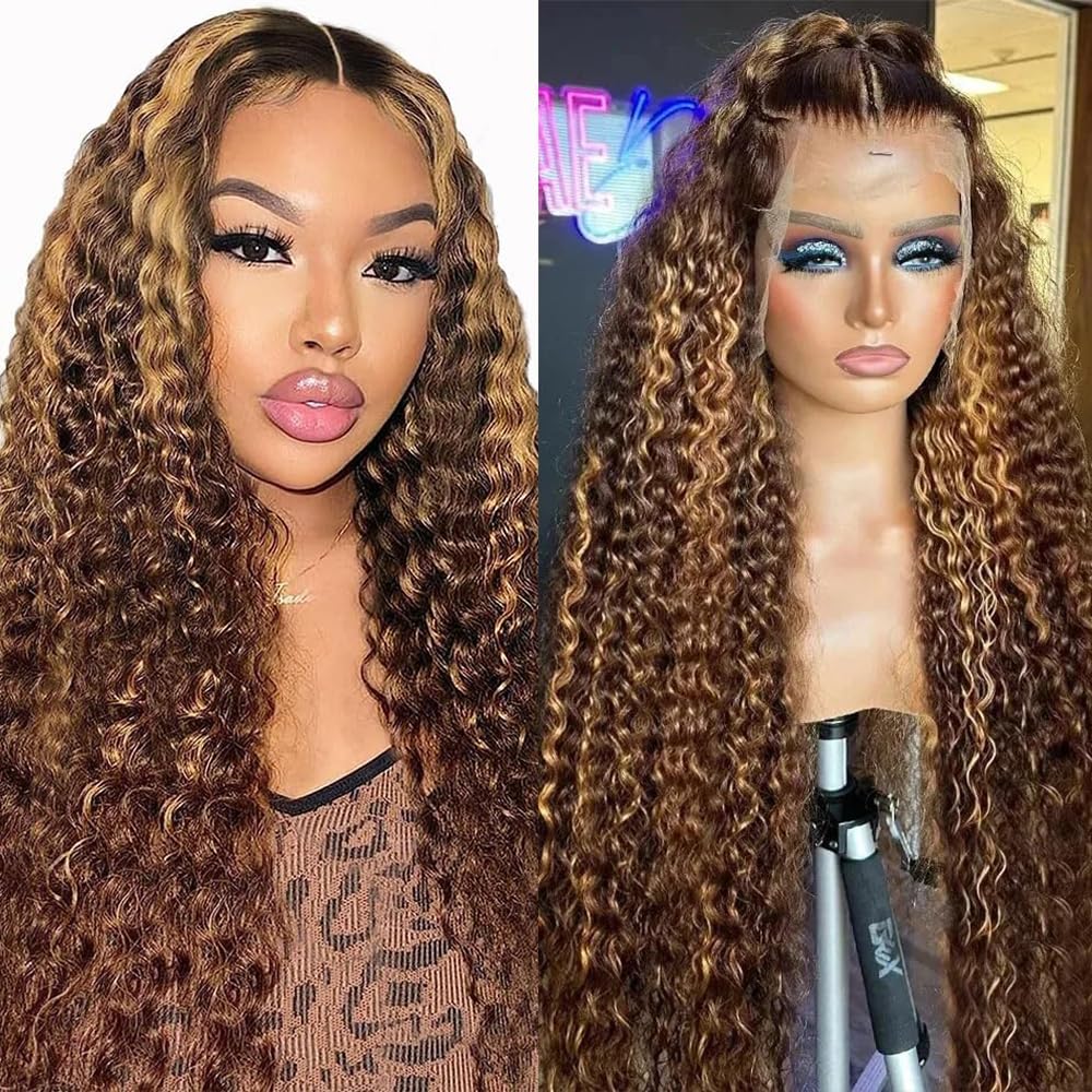 30 Inch Deep Wave Lace Front Wigs Human Hair 13x6 HD Transparent Deep Curly Lace Frontal Wigs 180% Density Glueless Wigs Human Hair pre Plucked with Baby Hair Natural Color Honey Blonde 4/27 99j Burgundy