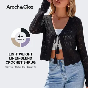 Arach&Cloz Women's Linen Tie Front Crochet Spring Shrug Beach Vacation Cropped Cardigan