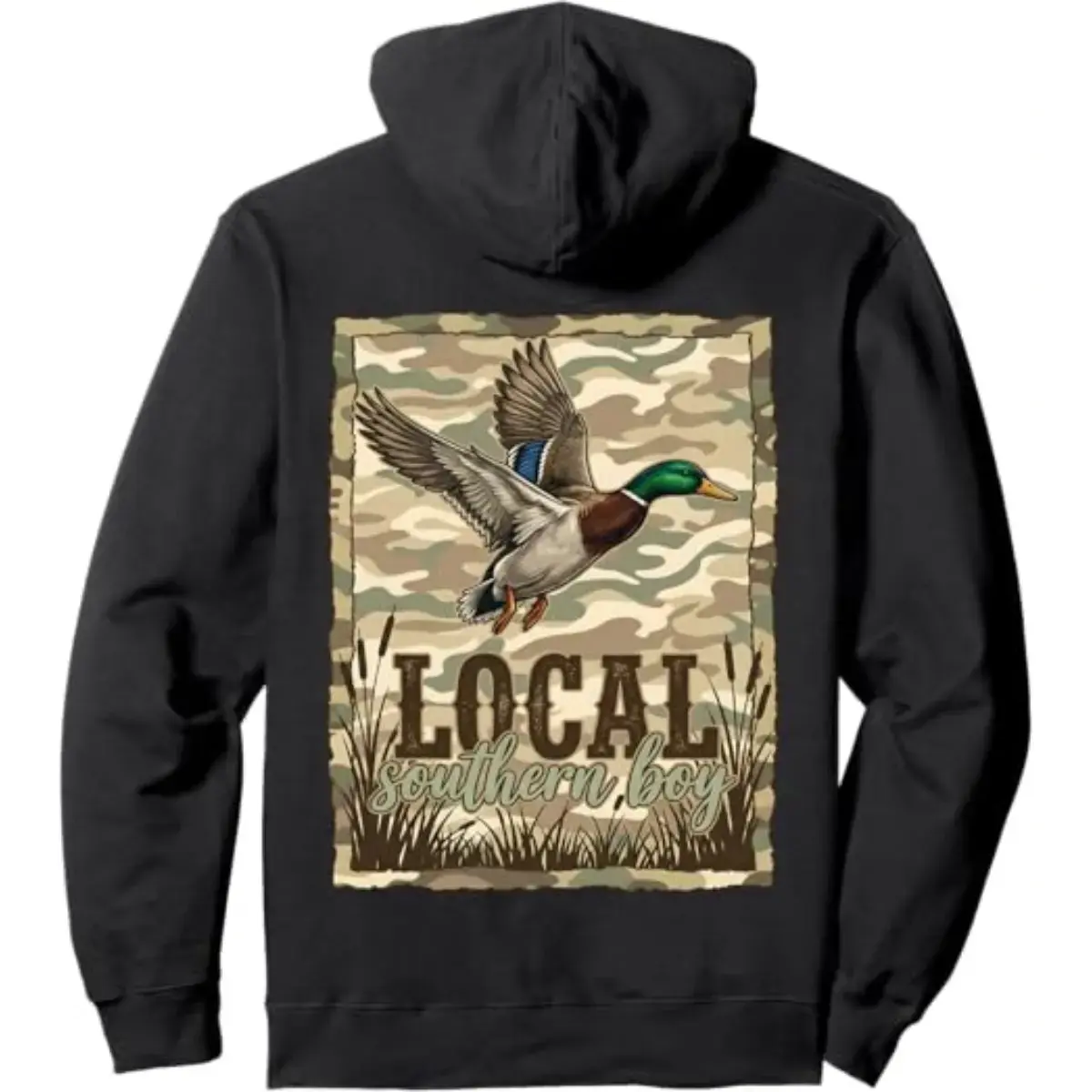 Men's Local Southern Boy Mallard Duck Hoodie, Camo Duck Hunting Design Cotton Sweatshirt, Casual Menswear Tops, Outdoor Country Waterfowl Apparel, Ideal Gift for Hunters - KitchenEra