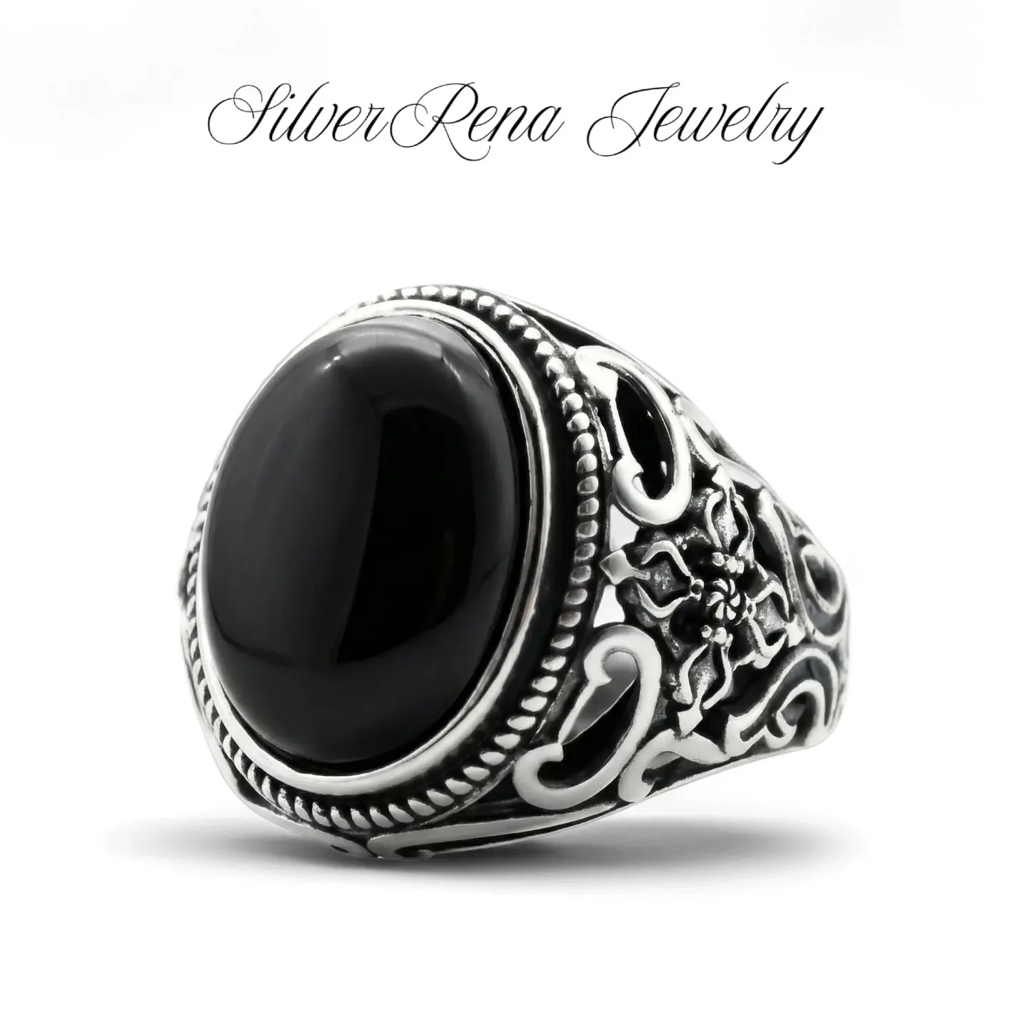 S925 Black Onyx Unisex Thumb Ring - Dark Agate Black Metal Artificial Gemstone Ring, Punk Vintage Hypoallergenic Anti-Oxidation Jewelry, Bold Look Unique Design, Daily Wear Father's Day Gift, Black Metal Artificial Gemstone Rings