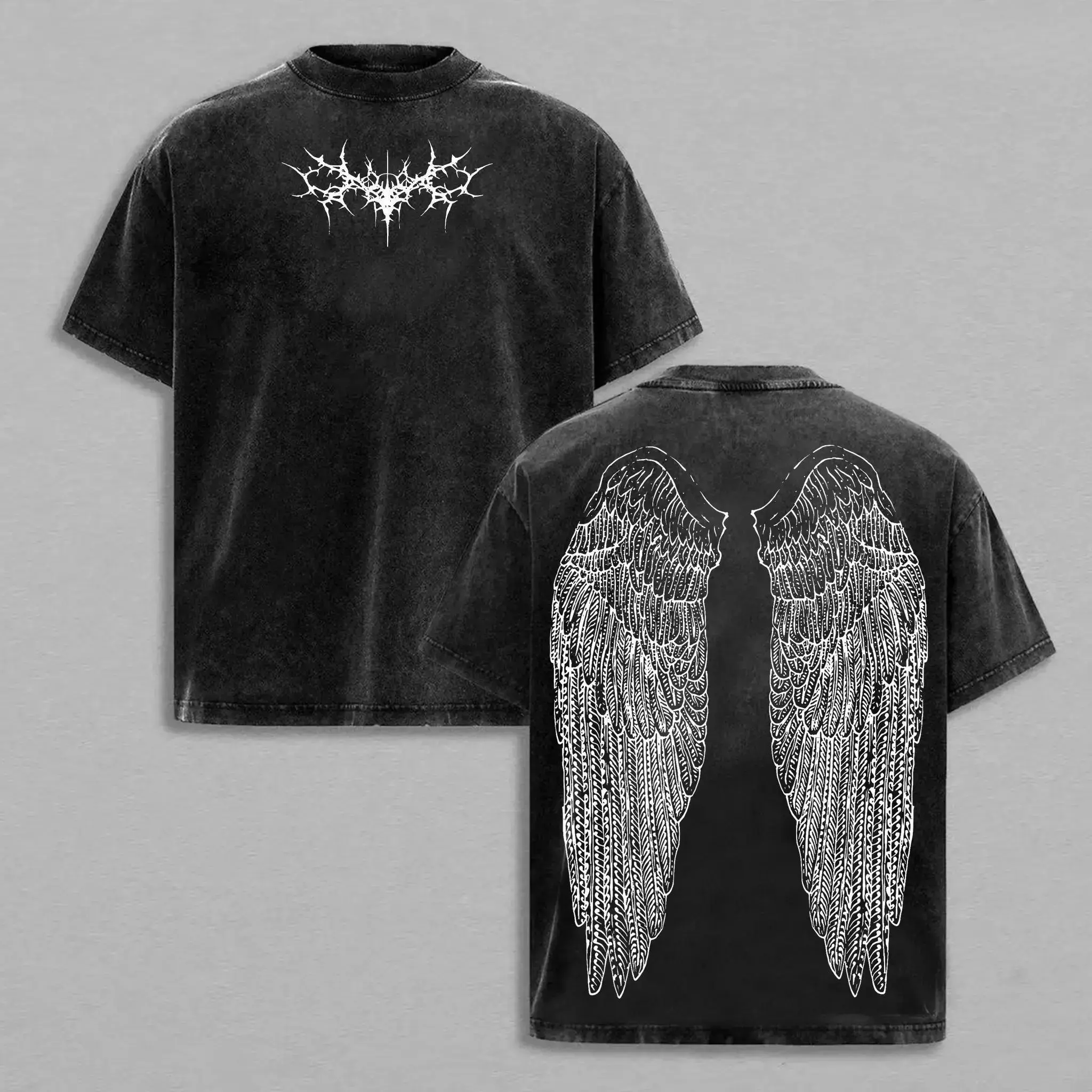 100% Cotton Washed Vintage T-Shirt – Y2K Gothic Wing Graphic Tee, Oversized Grunge Streetwear, Anime-Inspired Dark Aesthetic Top
