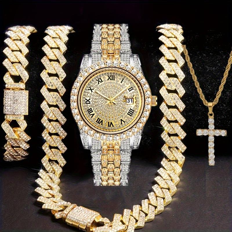 Men's Hip Hop Jewelry Set - Gold Quartz Watch with Rhinestone Bezel, 14mm Cuban Chain Necklace & Bracelet, Cross Pendant for Everyday Wear & Special Occasions