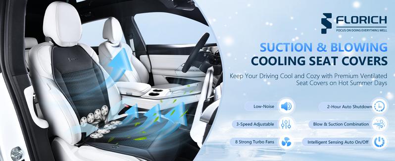 Florich 12V/24V Cooling Car Seat Cushion - Ice Cooling Gel Pad w/ 3 Speed Fans - Universal Fit for Car/Truck/SUV - Summer Cooler Seat Cover - Ventilated Back Support - (Black  Cushion and Back Cushion)