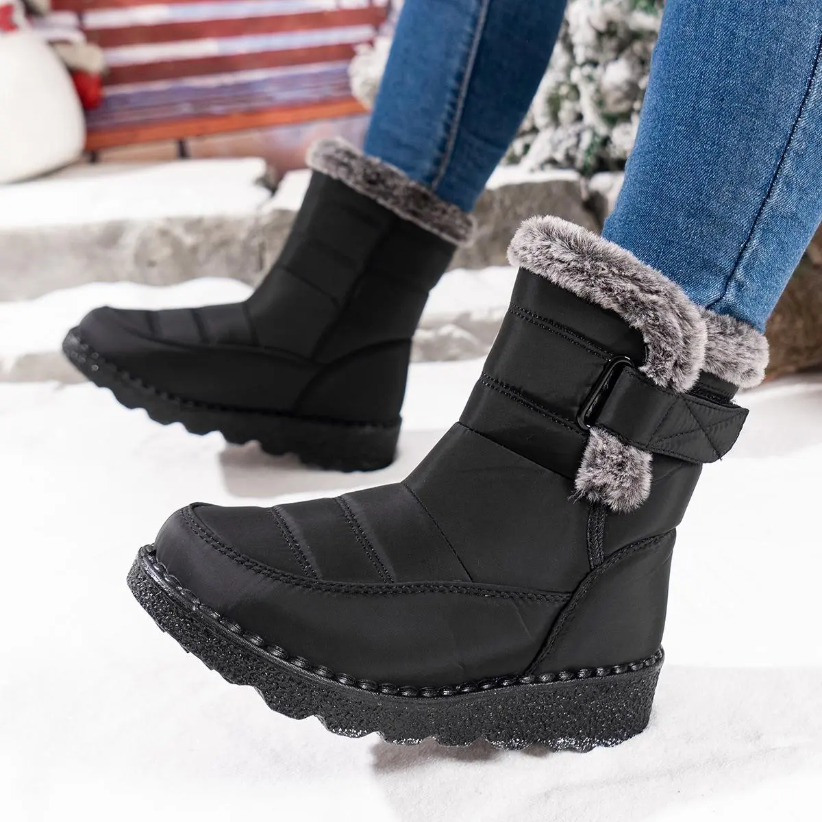 Women's Winter Fur Boots - Oxford Cloth Upper, Velcro Closure, Waterproof Slip-On Booties with Warm Breathable Fur Lining, Slip-Resistant Sole, Footwear for Camping & Walking, Black Shoe, Walking Shoes, Furboots, Outdoor, Nylon, Athletic
