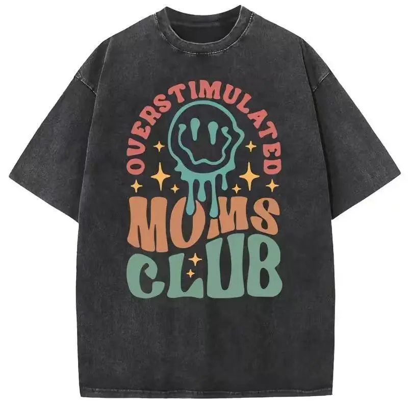 Unisex MOM'S Club Vintage Acid Wash Graphic T-Shirt, Heavyweight Cotton Short Sleeve Crew Neck Casual Shirt, Comfort Fit Oversized Streetwear Summer Tee for Men Women, Mom’s Day Gift Menswear Top, Retro Graphic Vintage Tee, Good 100% cotton 180