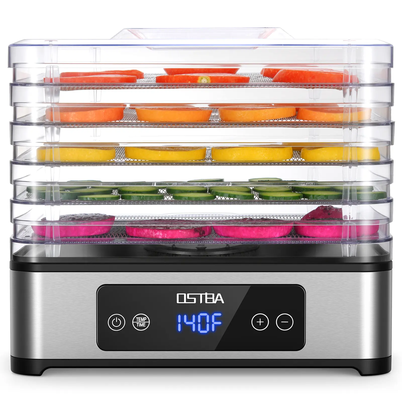 OSTBA Food Dehydrator with 5 Stainless Steel Embedded Trays, 400W Motor, 48H Timer Control, 95–160°F Temp Control, Quiet Small Dishwasher-Safe Dryer for Jerky, Fruits, BPA-Free, Cord Storage, Easy to Clean, Recipe Book Included, Kitchen, Non-Slip Feet