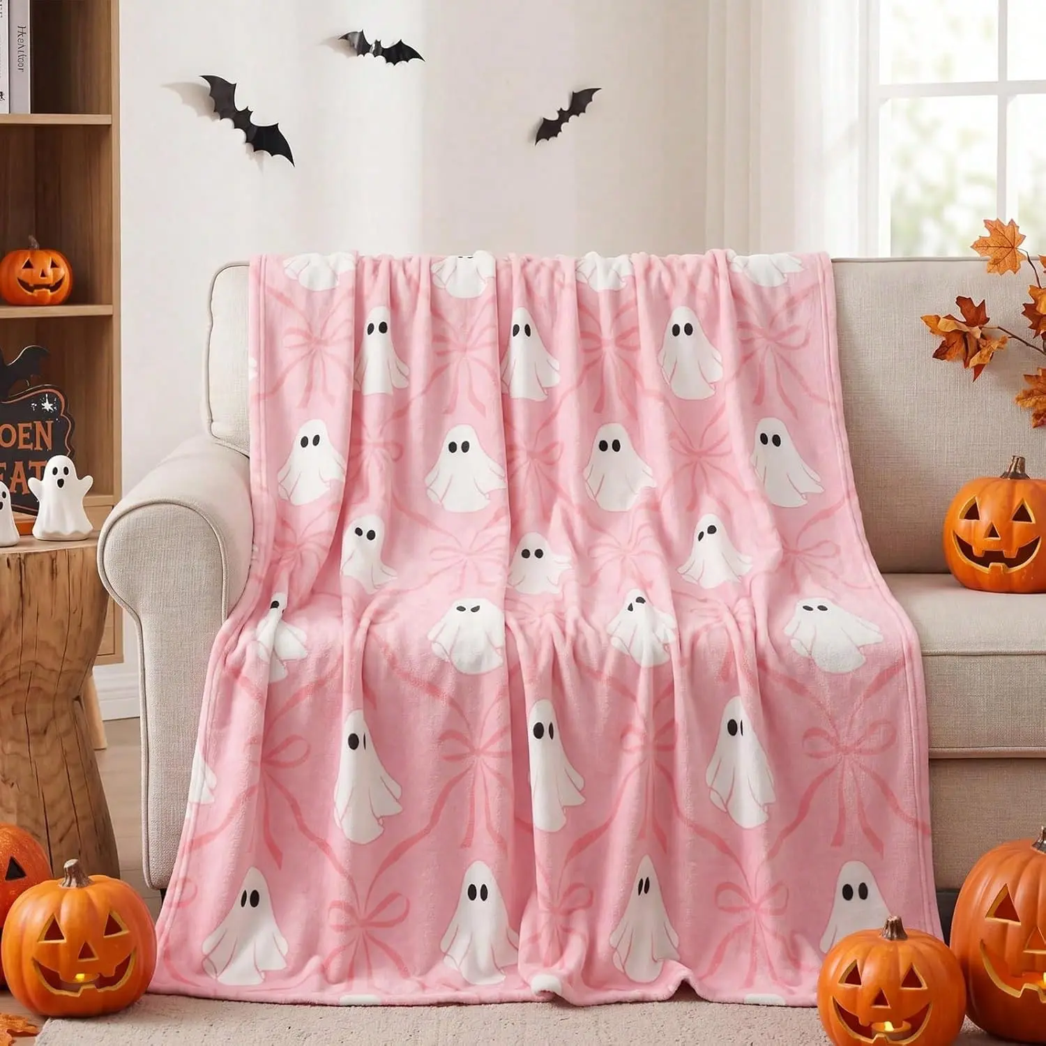 Flannel Pink Halloween Bow Ghost Throw Blanket, Soft Flannel, Cozy, Cute, Coquette, Halloween Gift, Gift For Her, Wall Tapestry, Room Decor, Home Decor