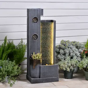 37’’ Tall Waterfall Fountain Indoor Modern Outdoor Water Fountains with LED Light,Vertical Striped Texture Floor Standing Water Feature for Patio, Yard, Garden or Home Decor Outdoor Garden Fountain