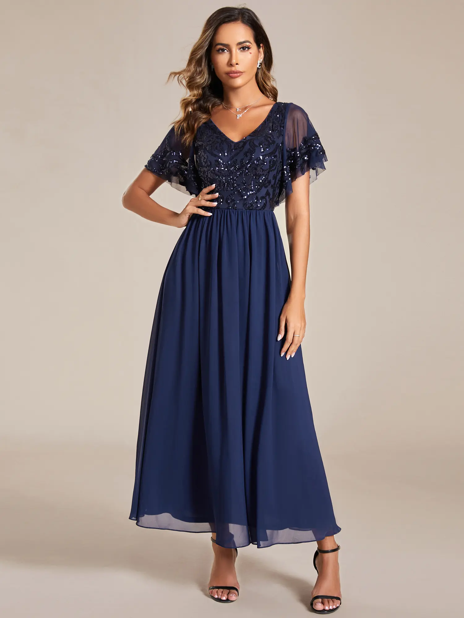 EVER PRETTY Women's A-Line Mother of the Bride Dress, V-Neck Sequin Chiffon Formal Evening Gown with Short Sleeves and Zipper, Fabric, Garment, Bottom, Style, Fit