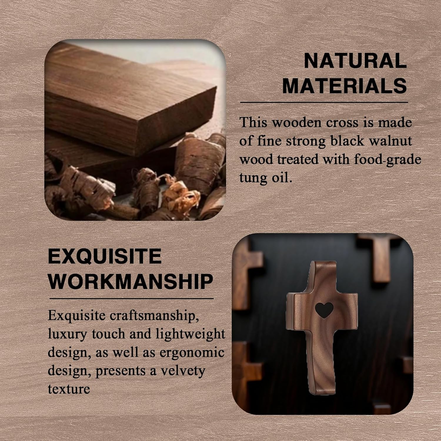 Wooden Cross Fidget, Cross My Heart Walnut Pocket Crosses for Anxiety Relief & Prayer Christian Gifts Fidget Toys for Children and Adults