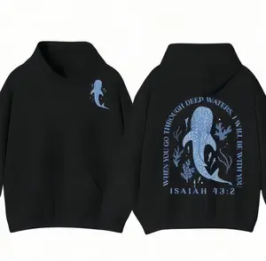 Whale Shark Hoodie for Beach Christian Ocean Hoodie with Isaiah 43:2 Quote Jesus Hoodie for Summer Black