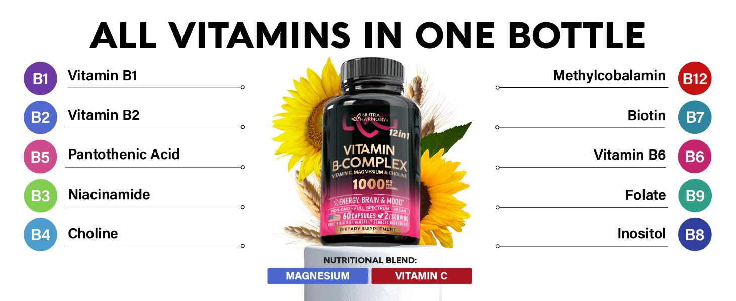 Vitamin B Complex Capsules for Men & Women - 11-in-1 B-Complex: B1, B2, B3, B5, B6, B7, B8, B9, B12 with Vitamin C, Choline, Inositol - Made in USA - Vegan, Non-GMO