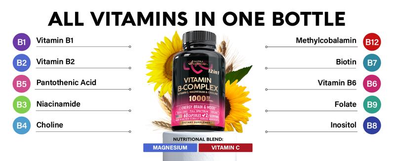 Vitamin B Complex Capsules for Men & Women - 11-in-1 B-Complex: B1, B2, B3, B5, B6, B7, B8, B9, B12 with Vitamin C, Choline, Inositol - Made in USA - Vegan, Non-GMO