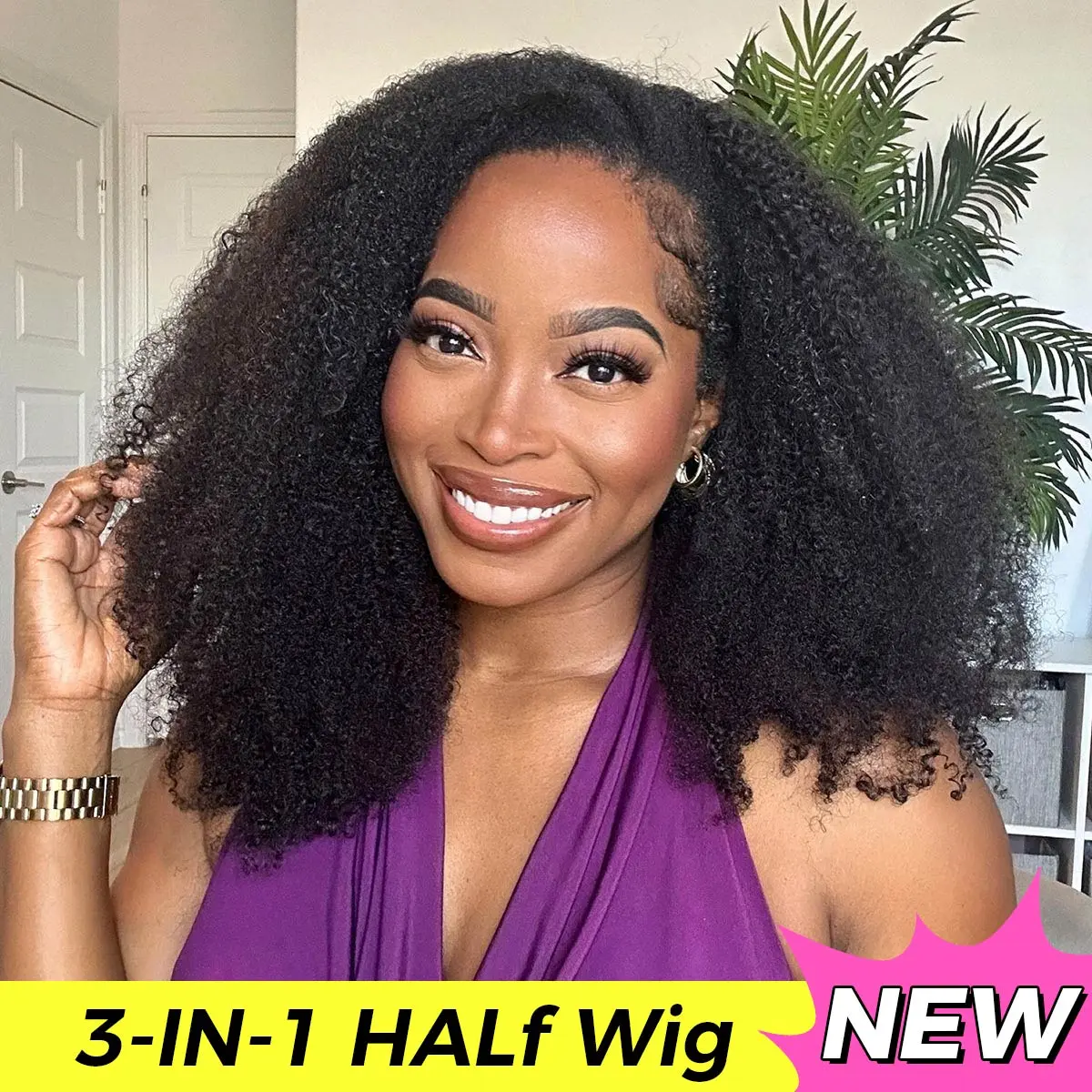 [3 In 1 Half Wig] OQ HAIR Afro Curly Wear Go Glueless Half Wig 180% 250% Density Upgrade With Drawstring Cap Invisible Hairline Human Hair Wigs Beginner Friendly #DealsForYouDays