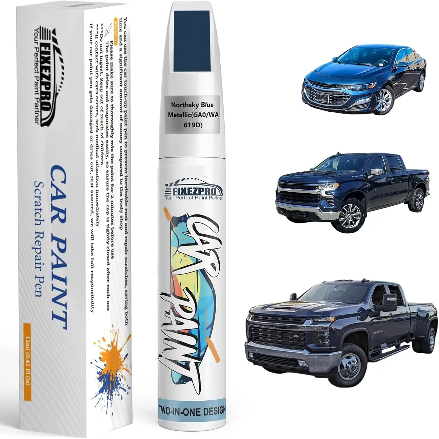 12ml Car Touch Up Paint Pen for Chevrolet, Quick Fix Automotive Scratch Repair, Color Exact Match (Northsky Blue Metallic GA0/WA619D, 842/5842 Twilight Blue-922 Cirrus Silver Metallic for C-Class Sedan/E-Class) for Chips Nicks Scuffs, 0.41 Fl Oz, 842/5842