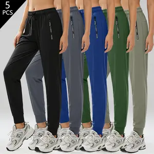 Women’s High-Stretch Jogger Pants, Elastic Waist with Drawstring, Outdoor Casual, Cooling Quick-Dry, Zipper Pockets, Mid-Rise Full-Length Trousers for All Seasons
