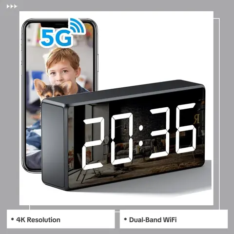 5MP Wi-Fi Portable Camera Clock - 2.4G/5G Dual-Band Home Security Device, Tabletop Indoor Nanny Cam for Parents, Battery-Powered, Easy Installation, Motion-Sensor, Night Vision, Instant Phone Alerts, 24/7 Surveillance, Home Monitoring
