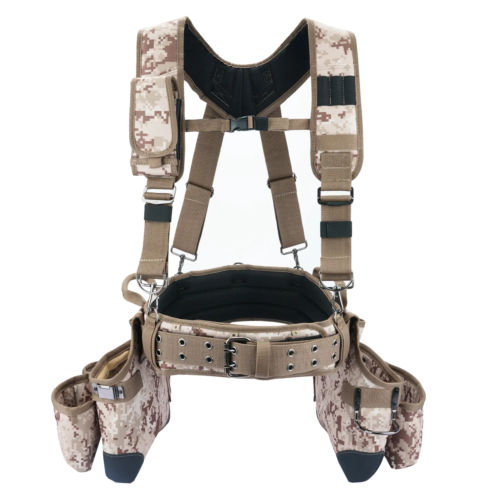 MELOTOUGH Camo Tool Belt with Padded Shoulder Suspenders - Heavy Duty 5-Piece Framer Modular Rig, 1680D Ballistic Fabric Organizer, 22-Pocket Hip-Mounted Holder for Carpenters, Construction Tools, Men's Work Accessories (Add/Remove Pouches As Needed), Mod