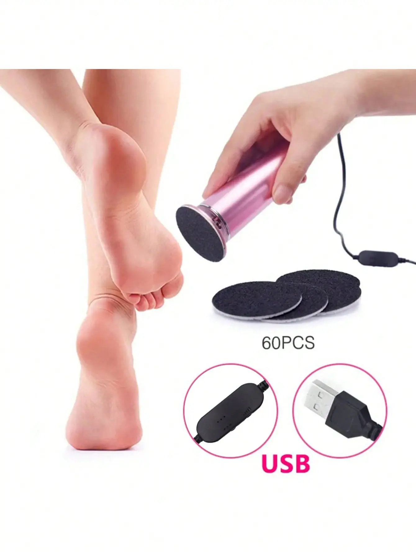 Pink Rechargeable Electric Foot Callus Remover Pedicure Kit - Speed-Adjustable Tool with 60 Replaceable Trays, Sandpaper Pads for Dead Skin Removal & Nail Care, Removes Calluses for Healthy Feet