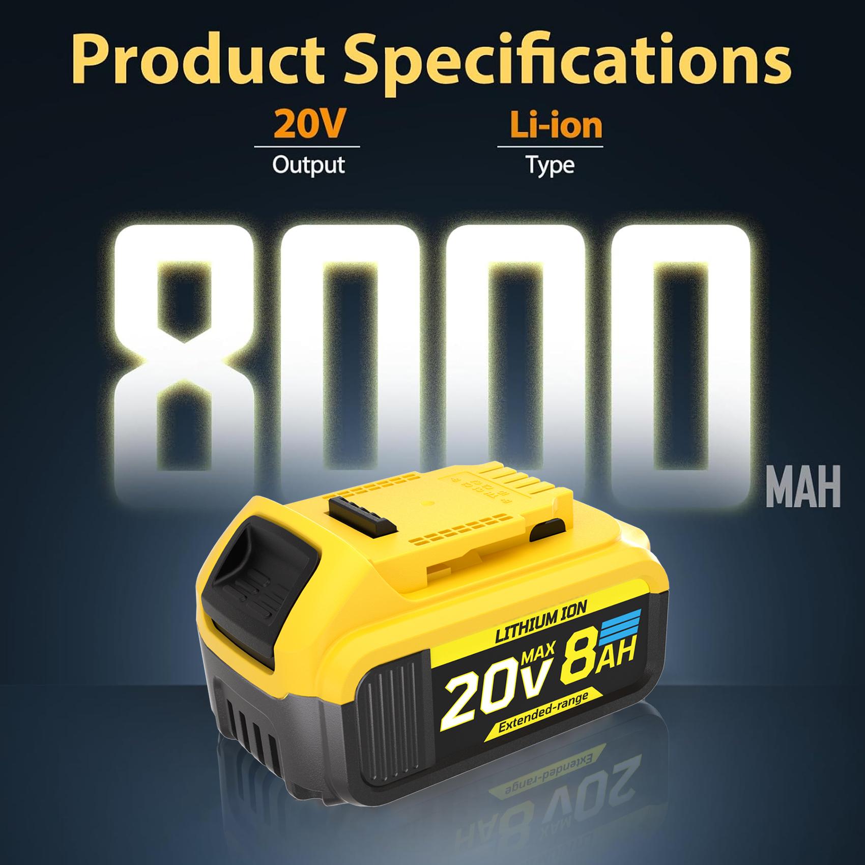 2 Packs 8000mAh High Capacity Replacement for Dewalt 20V Battery Compatible with Dewalt 20 Volt Lithium Battery Max DCB200, 201, 203, 204, 206, 207, 181, 180 Series Tools