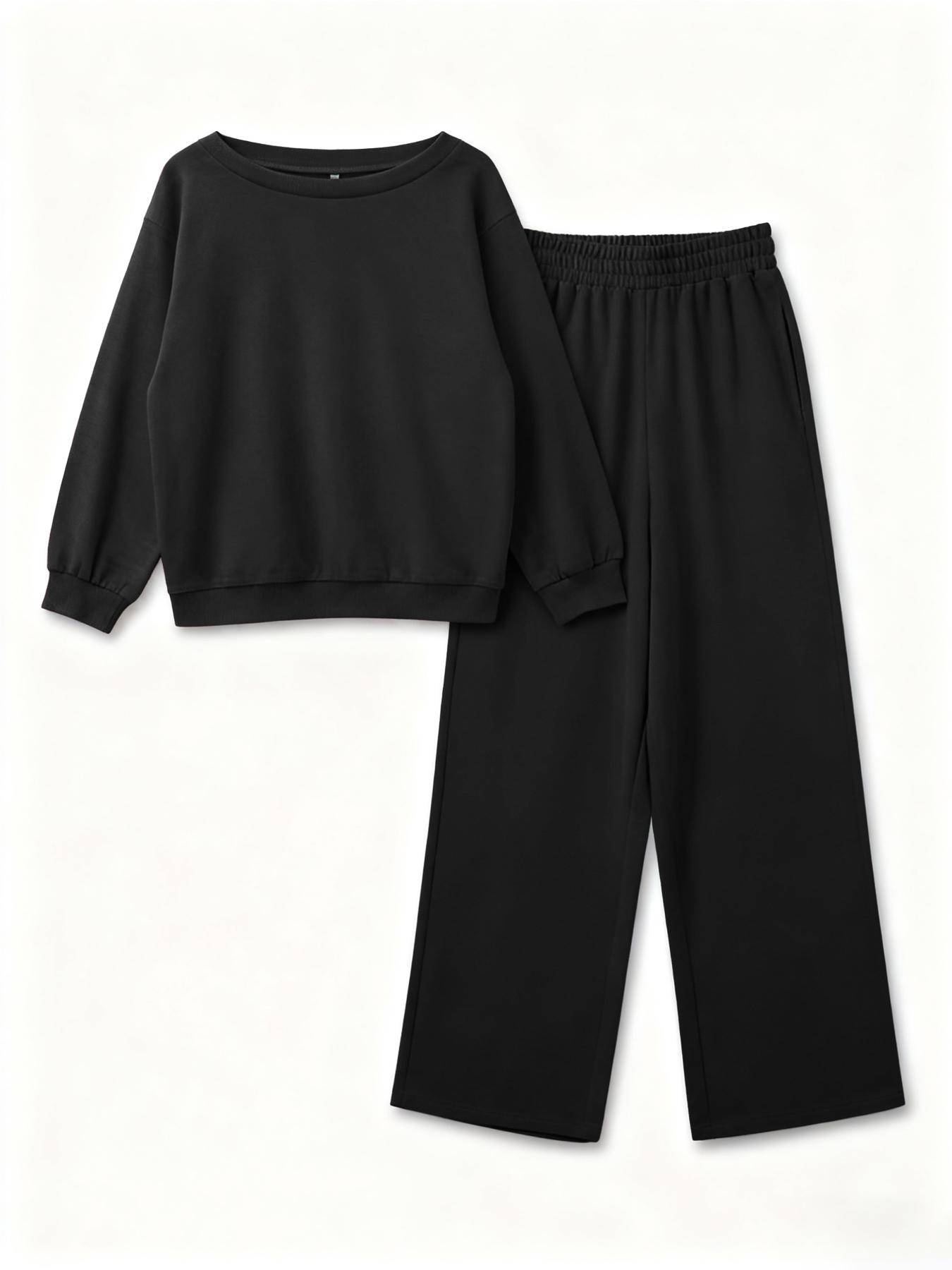 USBOUTIQUE CHIC Women's Leisure Solid Color Sloping Shoulder Long Sleeve Top & Wide Leg Trousers Co-ord, Cozy Scoop Neck Loose Two Piece Outfits, Basic Womenswear USBOUTIQUE CHIC Women's Leisure Solid Color Sloping Shoulder Long Sleeve Top & Wide Leg Trousers Co-ord, Cozy Scoop Neck Loose Two Piece Outfits, Basic Womenswear