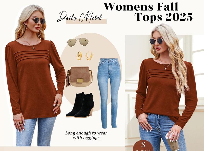 WIHOLL FASHION Long Sleeve Shirts for Women Fall Fashion 2025 Dressy Casual Blouses Trendy Pleated Tunic Tops for Leggings in Rust Color