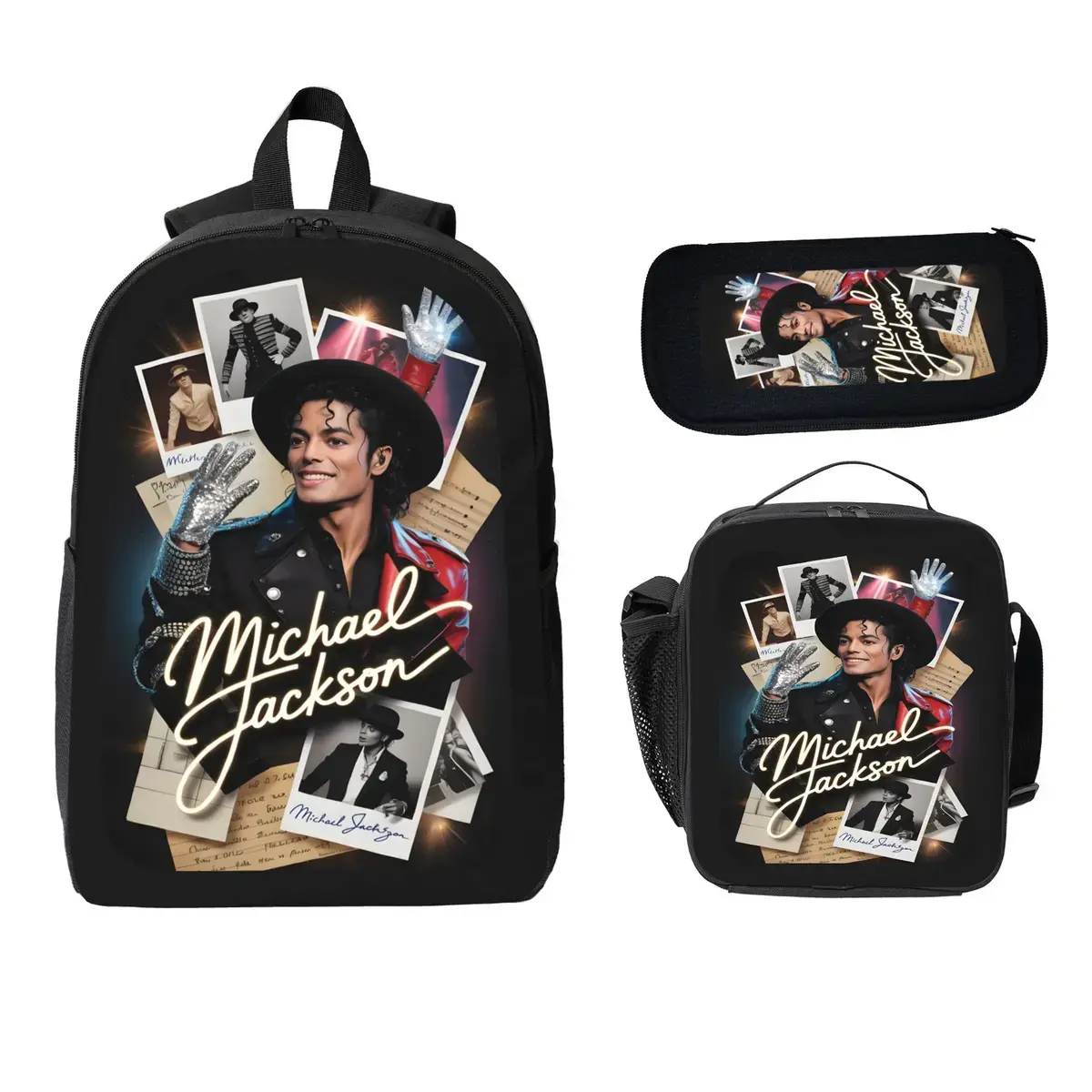 Michael Jackson Backpack Set 3Pcs Kids School Bag Lunch Bag Pencil Case Pop Music Theme Bookbag Lightweight Travel Backpack Adjustable Shoulder Strap Large Capacity Back To School Practical Gift For Boys Girls Students