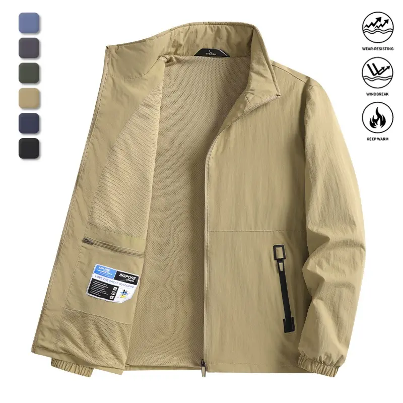 Men’s spring/autumn stand-collar multi-function jacket featuring practical zippered pockets, front zipper closure, elastic cuffs, and breathable mesh lining.Suitable for everyday casual wear and work.
