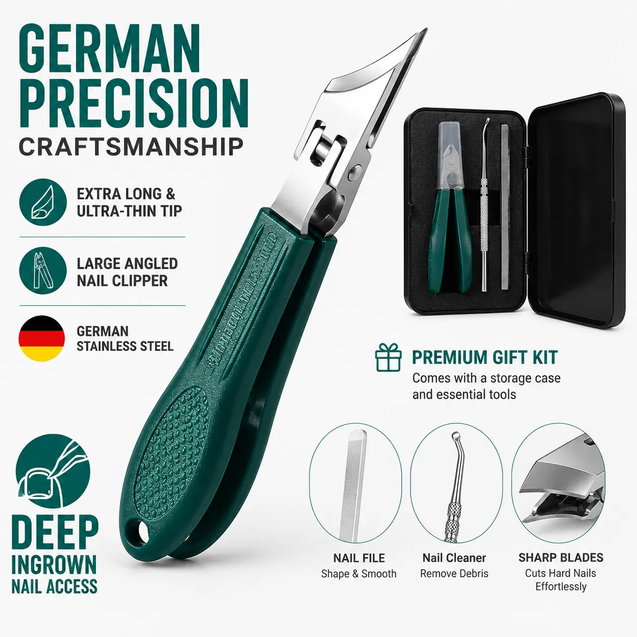 Eagle Beak Beveled Nail Clippers, 3/4-Piece Manicure Set, Long Handle Wide Jaw Anti-Splash Slanted Nail Clipper for Thick Nails, Seniors & Ingrown Care (Green)