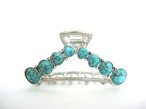 Hair claw clip turquoise blue stone silver metal western design