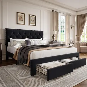 Velvet Bed Frame with 2 Storage Drawers, Tufted Upholstered Headboard, Wooden Slats, No Box Spring