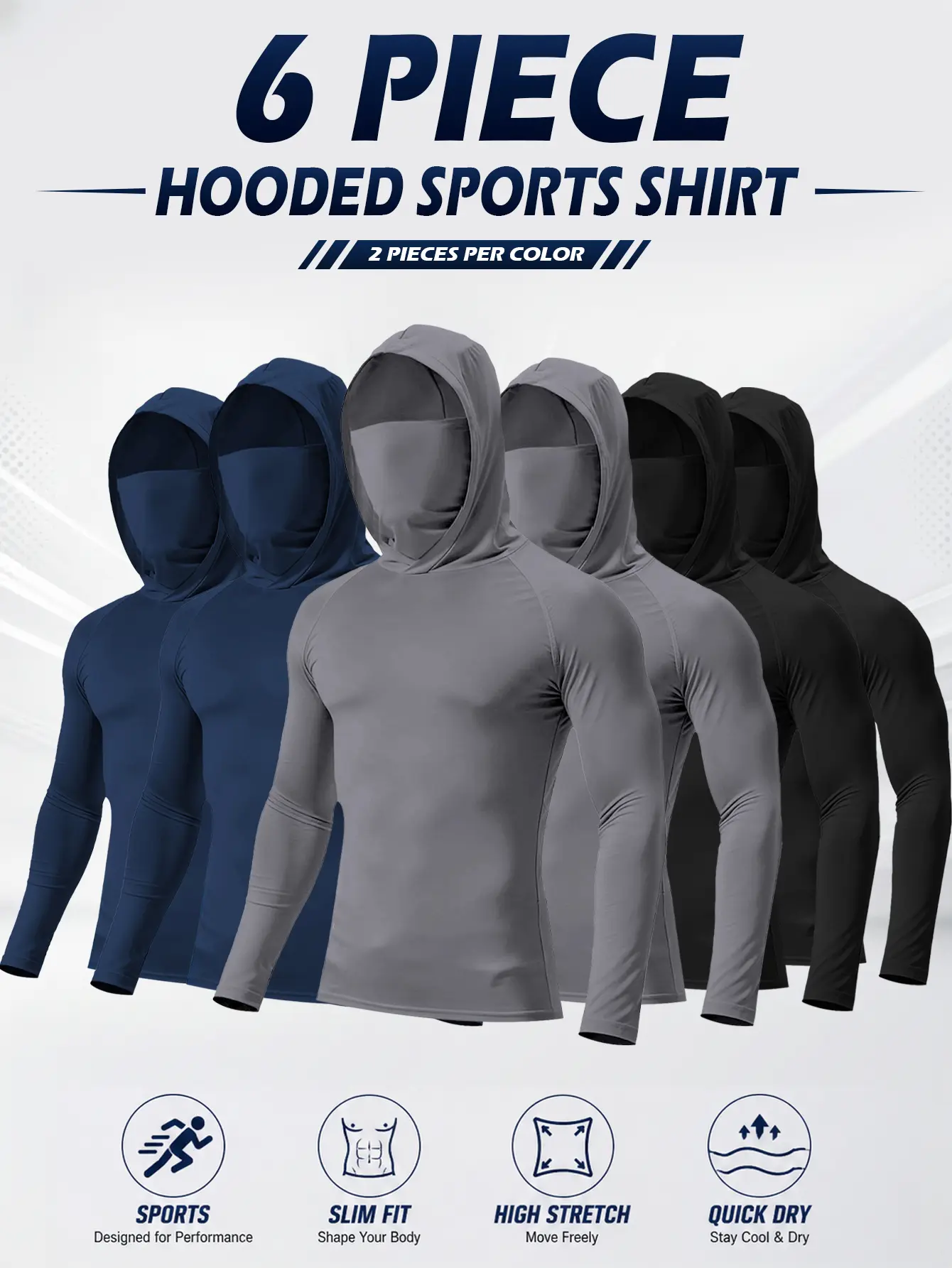 Men’s Sports Hoodie Sets (3 or 6 Packs) - Men’s Clothes, Long Sleeve, Unisex, Universal Fitness Hiking Hooded Tops with Mask Design, High-Stretch Quick-Dry, Sun-Protective, Breathable Fabric for Outdoor Activities,back to school,back to school haul