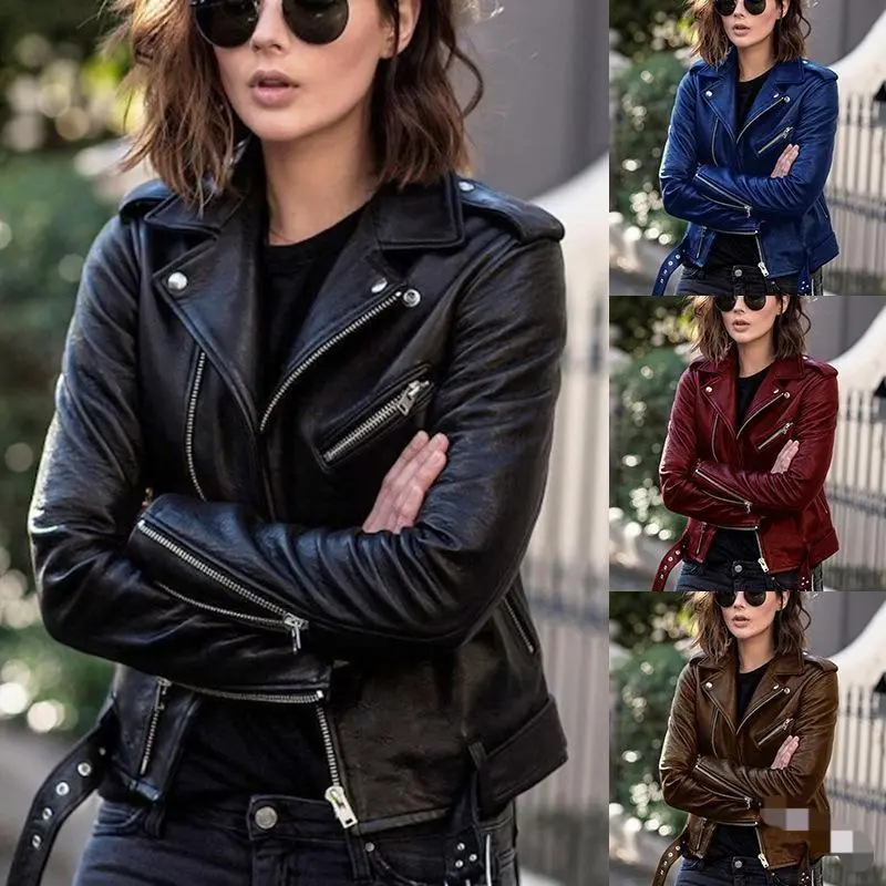 Motorcycle Leather Jacket Spring and Autumn Women's Leather Jacket Women's Short Slim Leather Jacket