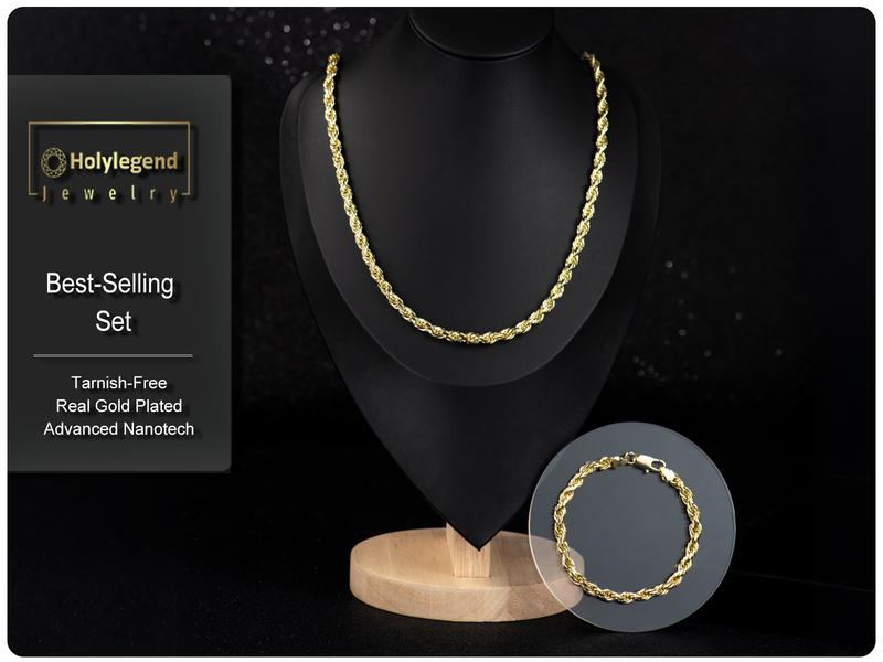 Holylegend 14K  Real Gold-Plated Cuban, Figaro and Rope Chain  Necklace Set– Upgraded Craft, Faceted Cut ,Tarnish-Free with Nanotechnology Coating, 24", 6mm/8mm Fashion Pendants, Fashion Necklace