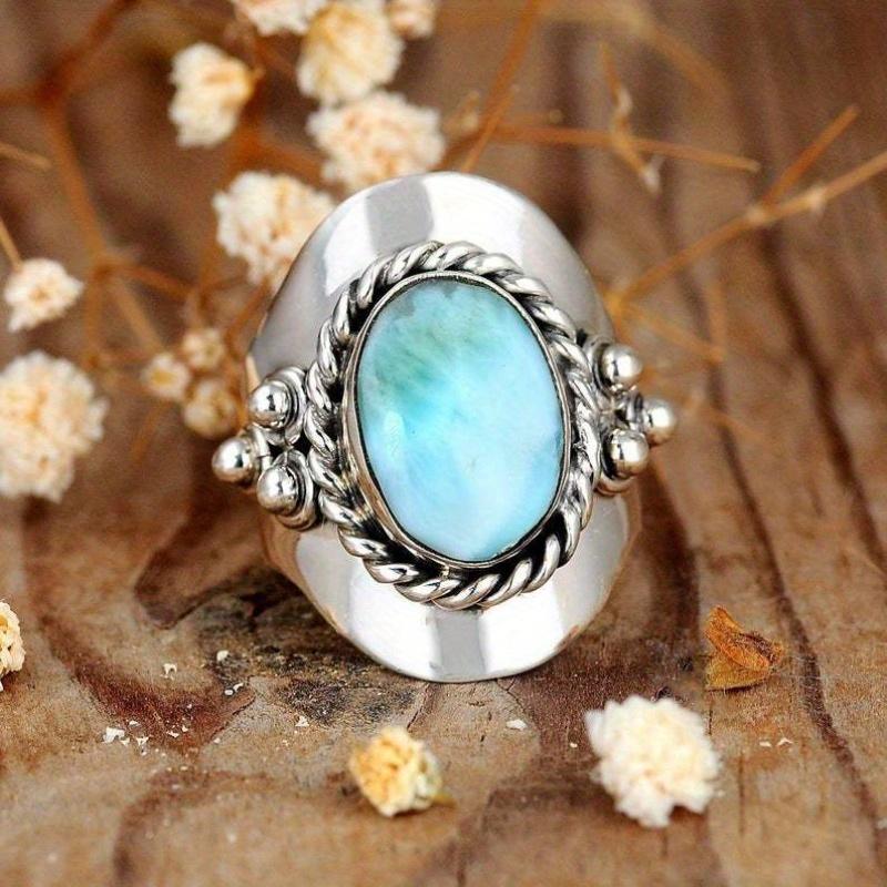 Fashion Vintage Women Bohemian Jewelry Turquoise Wide-sided Ring Anniversaries Birthday Wedding Party Gift