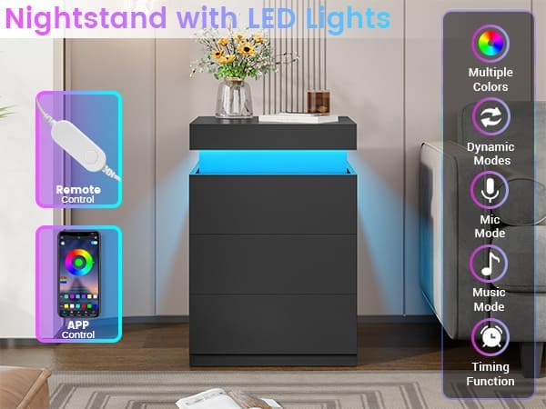 Sikaic Modern Nightstand with LED Lights & Charging Station Black 15.8"D x 17.7"W x 26.8"H Sliding Top Drawers for Bedroom & Living Room