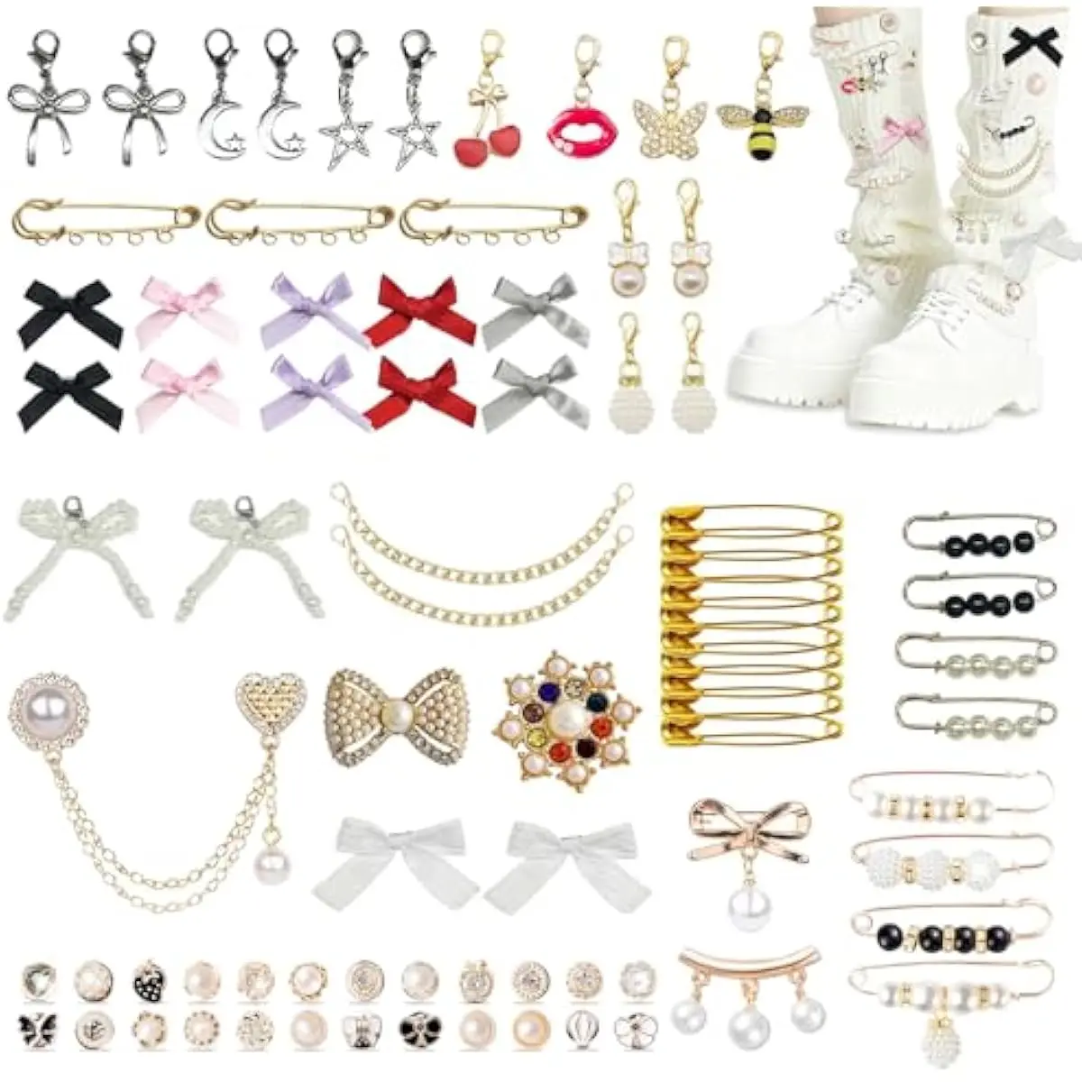 New Junk Socks Charms Kit 80 Pcs, Pearl Rhinestone Gold Bling Brooch Pins Costom Sock Charms Kit with Safety Pins Bows, DIY Accessories for Decorating and Personalizing Socks Hat Bag Clothes