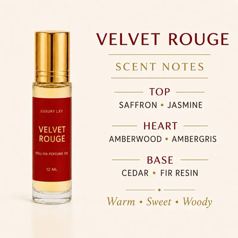 Luxury LXY Velvet Rouge Roll-On Perfume Oil, 12 mL – Warm, Sweet & Woody Scent